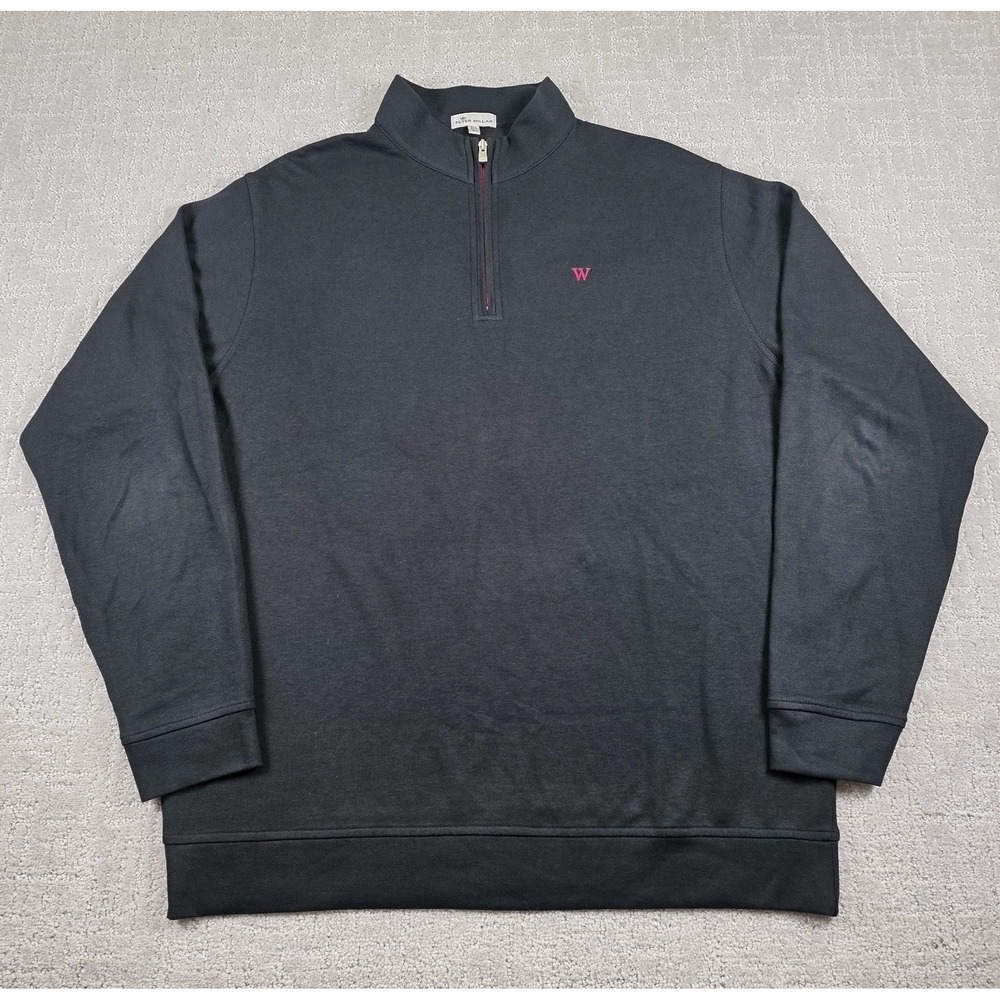 Peter Millar Mens 2XL Black Quarter Zip Pullover Cotton Pink W Logo Sweater